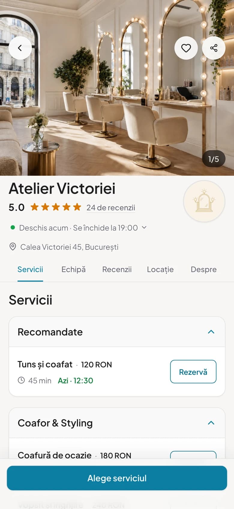 Pagina unui salon în aplicația Glamingo