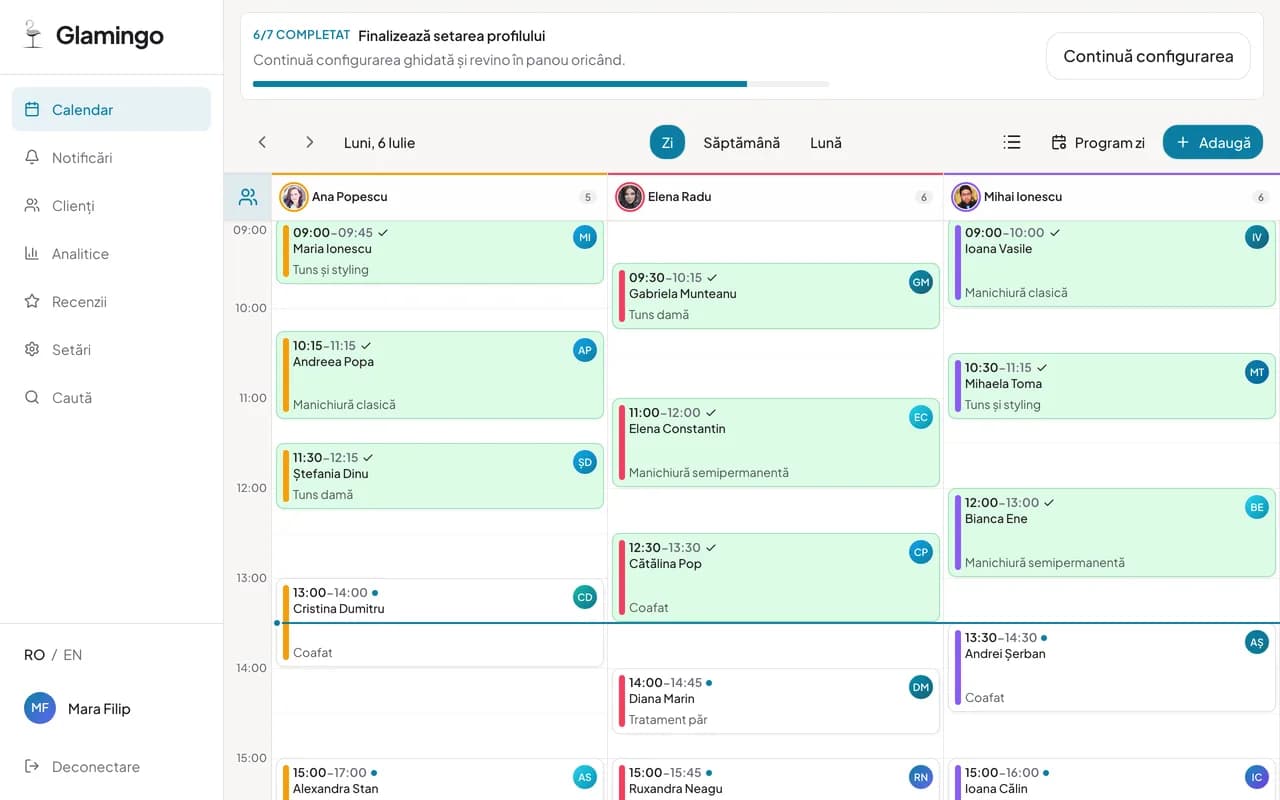 Calendarul de programări al salonului pe Glamingo, pe desktop și pe telefon