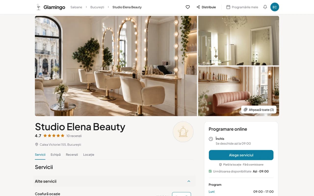 Pagina publică a unui salon pe Glamingo, pe desktop și pe telefon