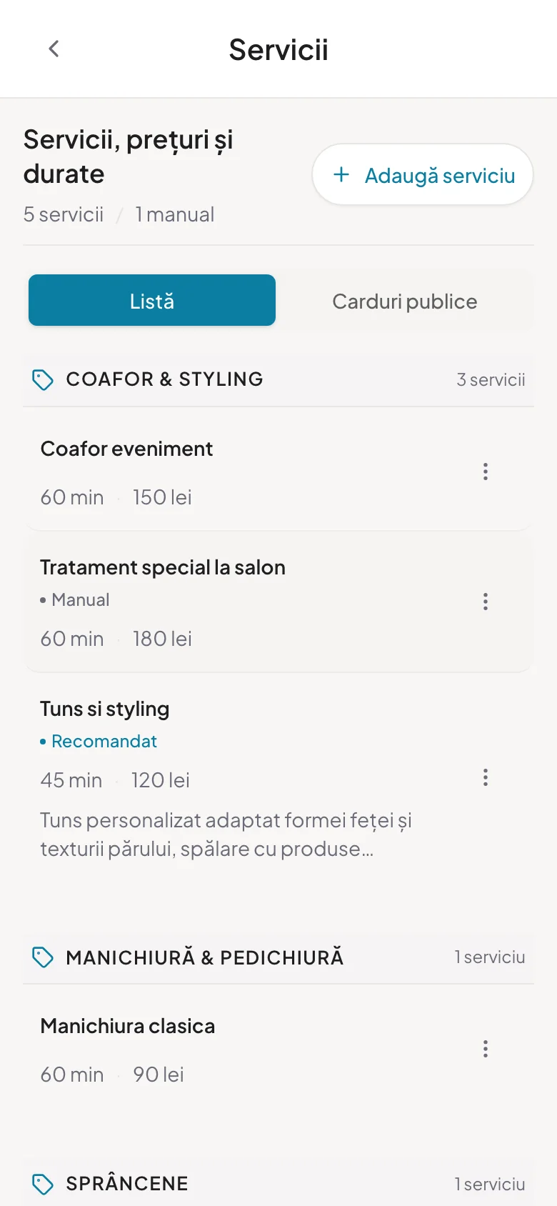 Ecranul Servicii din setări
