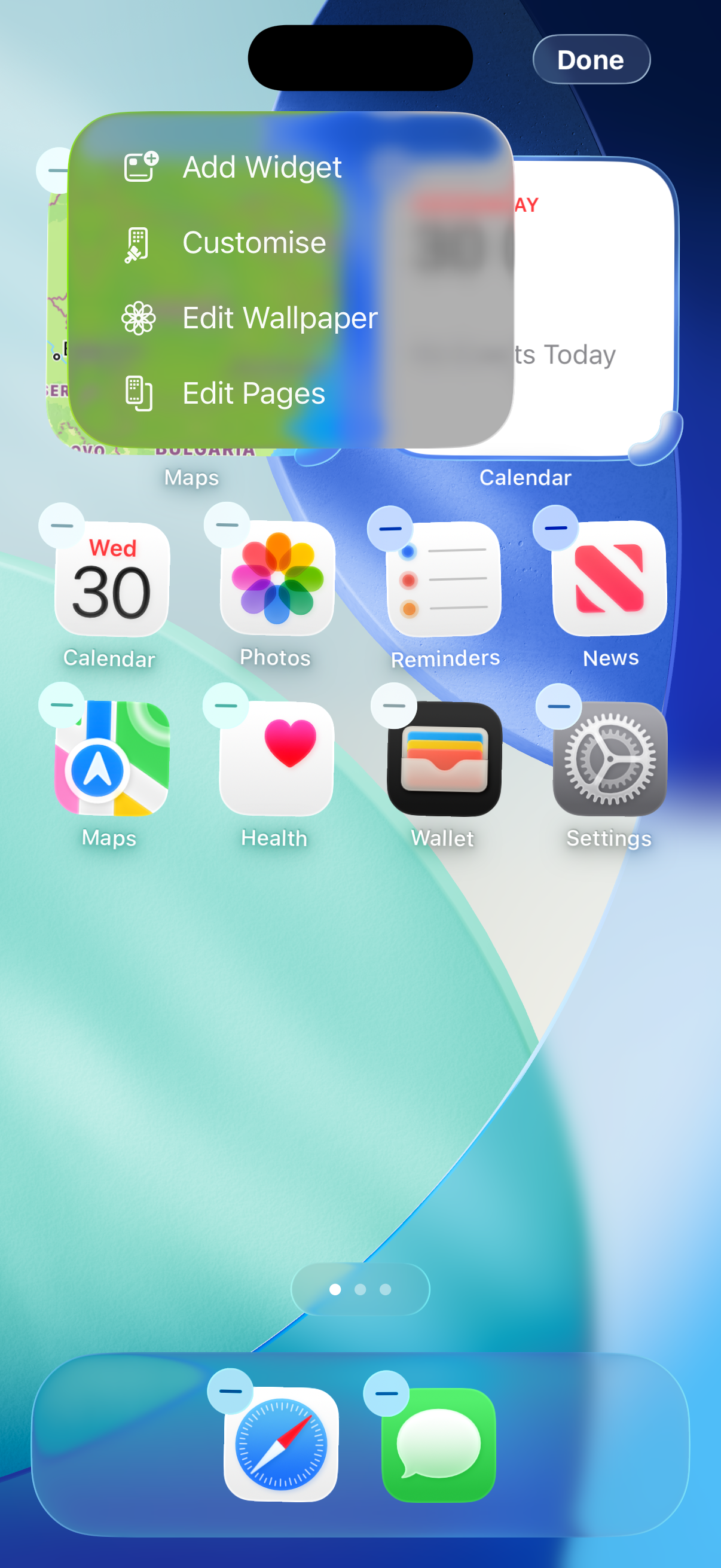 Meniul de editare al ecranului principal iPhone, cu opțiunea Add Widget
